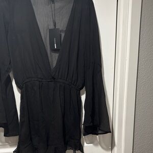 Black Long Sleeve V-Neck Romper